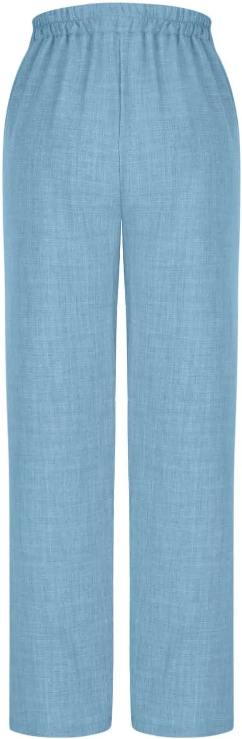 Cotton Linen Pant for Women Summer Casual Wide Leg High Waisted Trouser Drawstring Elastic Waist Pants with Pockets