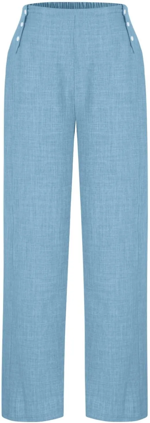 Cotton Linen Pant for Women Summer Casual Wide Leg High Waisted Trouser Drawstring Elastic Waist Pants with Pockets