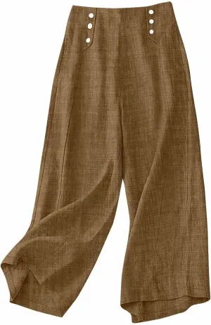 Cotton Linen Pant for Women Summer Casual Wide Leg High Waisted Trouser Drawstring Elastic Waist Pants with Pockets