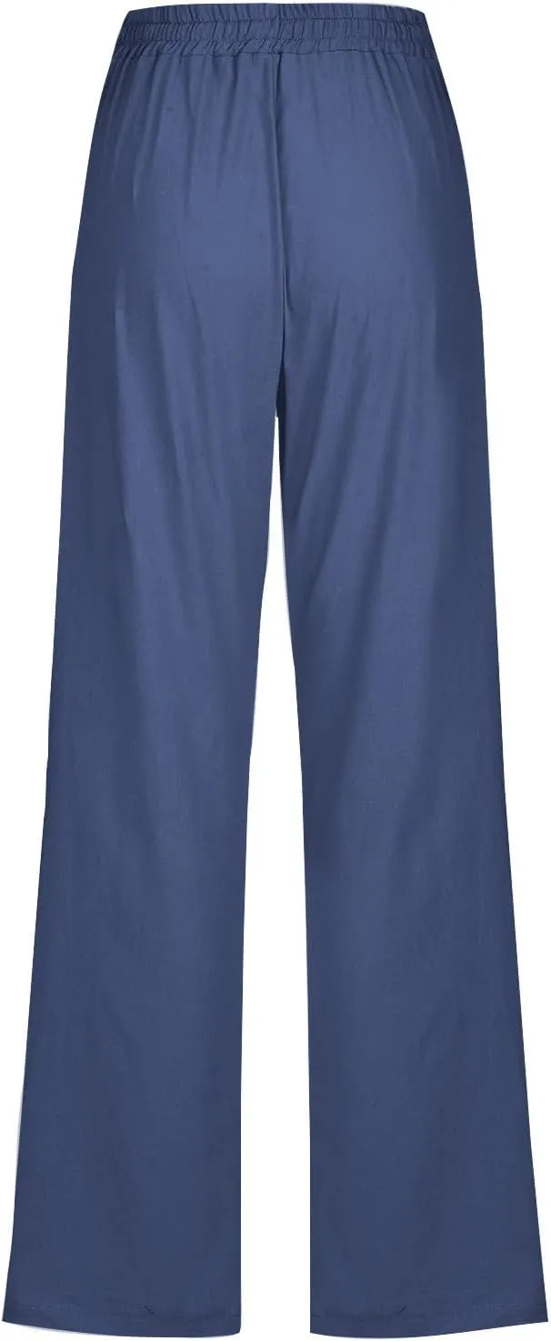 Cotton Linen Pants for Women Drawstring Elastic Waist Loose Fit Trouser Straight Wide Leg Trousers Casual Pants 2025