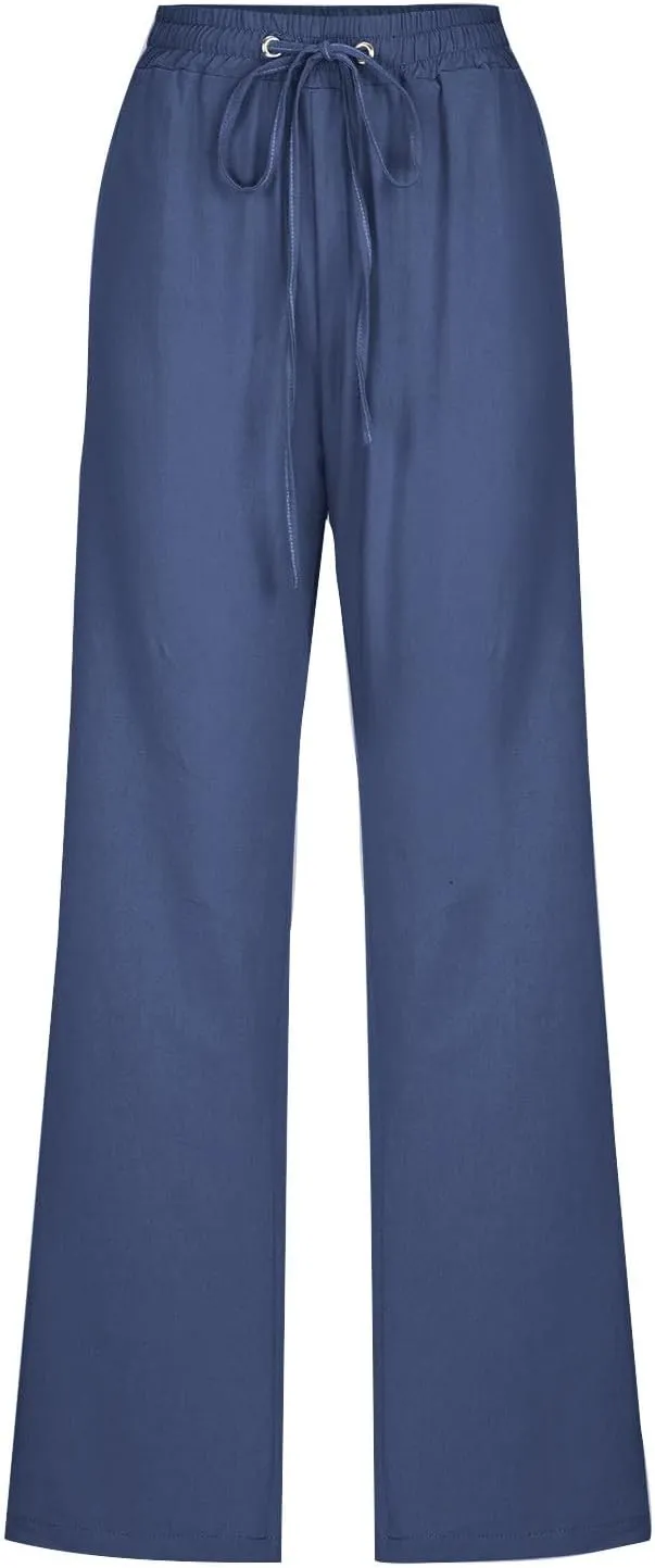 Cotton Linen Pants for Women Drawstring Elastic Waist Loose Fit Trouser Straight Wide Leg Trousers Casual Pants 2025