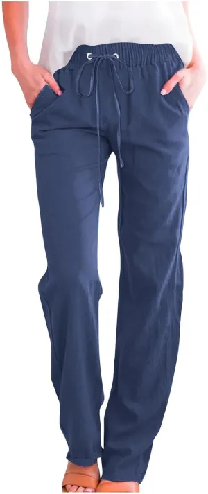 Cotton Linen Pants for Women Drawstring Elastic Waist Loose Fit Trouser Straight Wide Leg Trousers Casual Pants 2025
