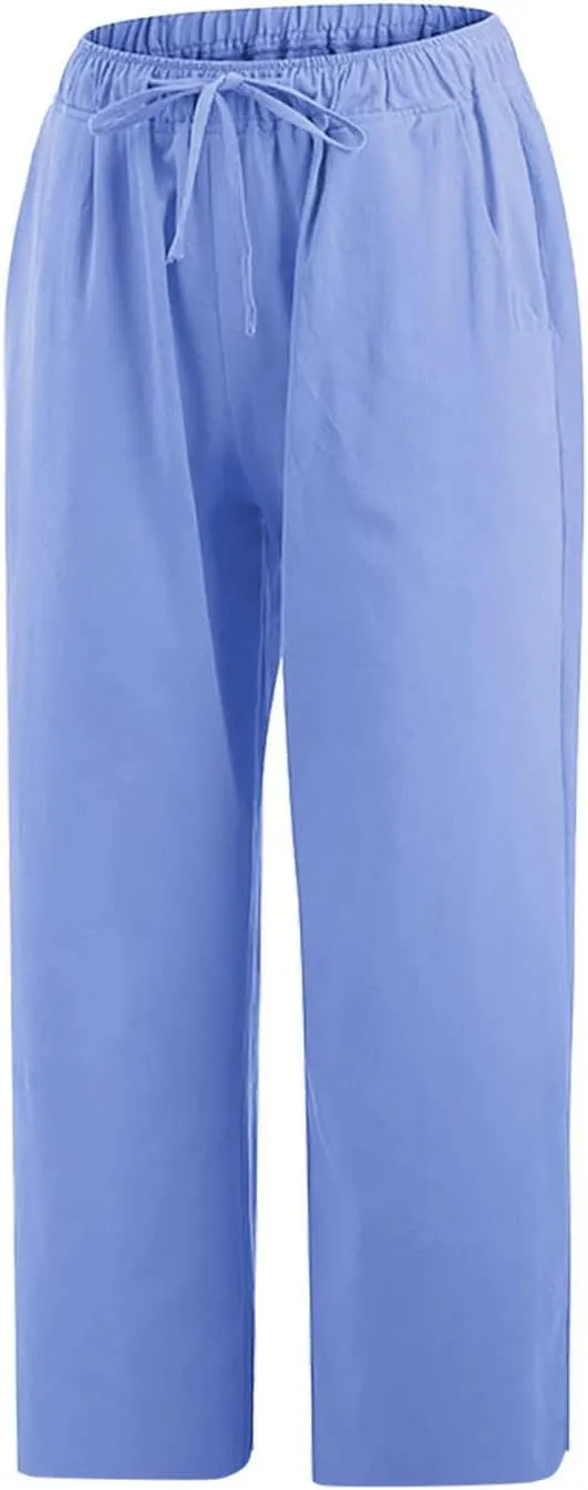 Cotton Linen Pants for Women Loose 2025 Elastic High Waisted Drawstring Wide Leg Trousers Straight Leg Pants Capris
