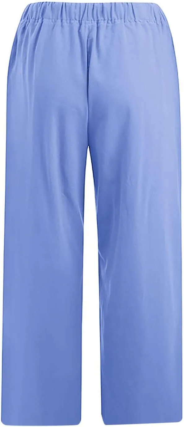 Cotton Linen Pants for Women Loose 2025 Elastic High Waisted Drawstring Wide Leg Trousers Straight Leg Pants Capris
