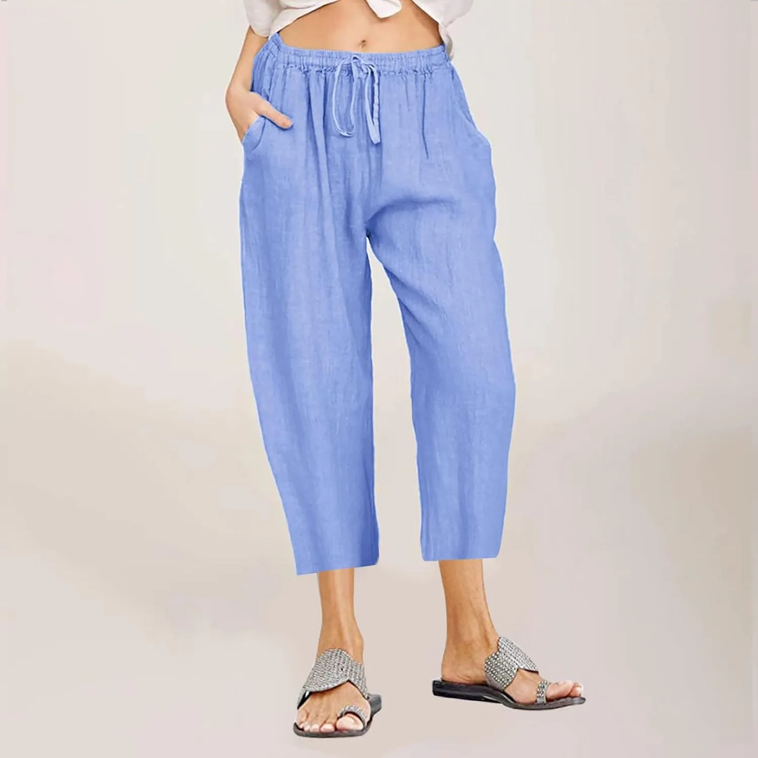 Cotton Linen Pants for Women Loose 2025 Elastic High Waisted Drawstring Wide Leg Trousers Straight Leg Pants Capris