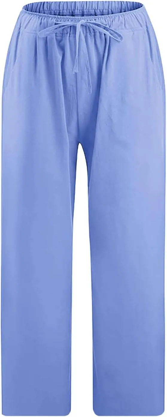 Cotton Linen Pants for Women Loose 2025 Elastic High Waisted Drawstring Wide Leg Trousers Straight Leg Pants Capris