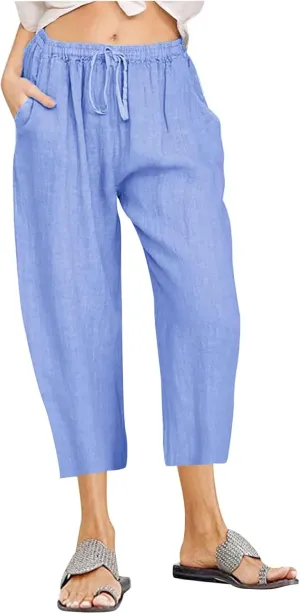 Cotton Linen Pants for Women Loose 2025 Elastic High Waisted Drawstring Wide Leg Trousers Straight Leg Pants Capris