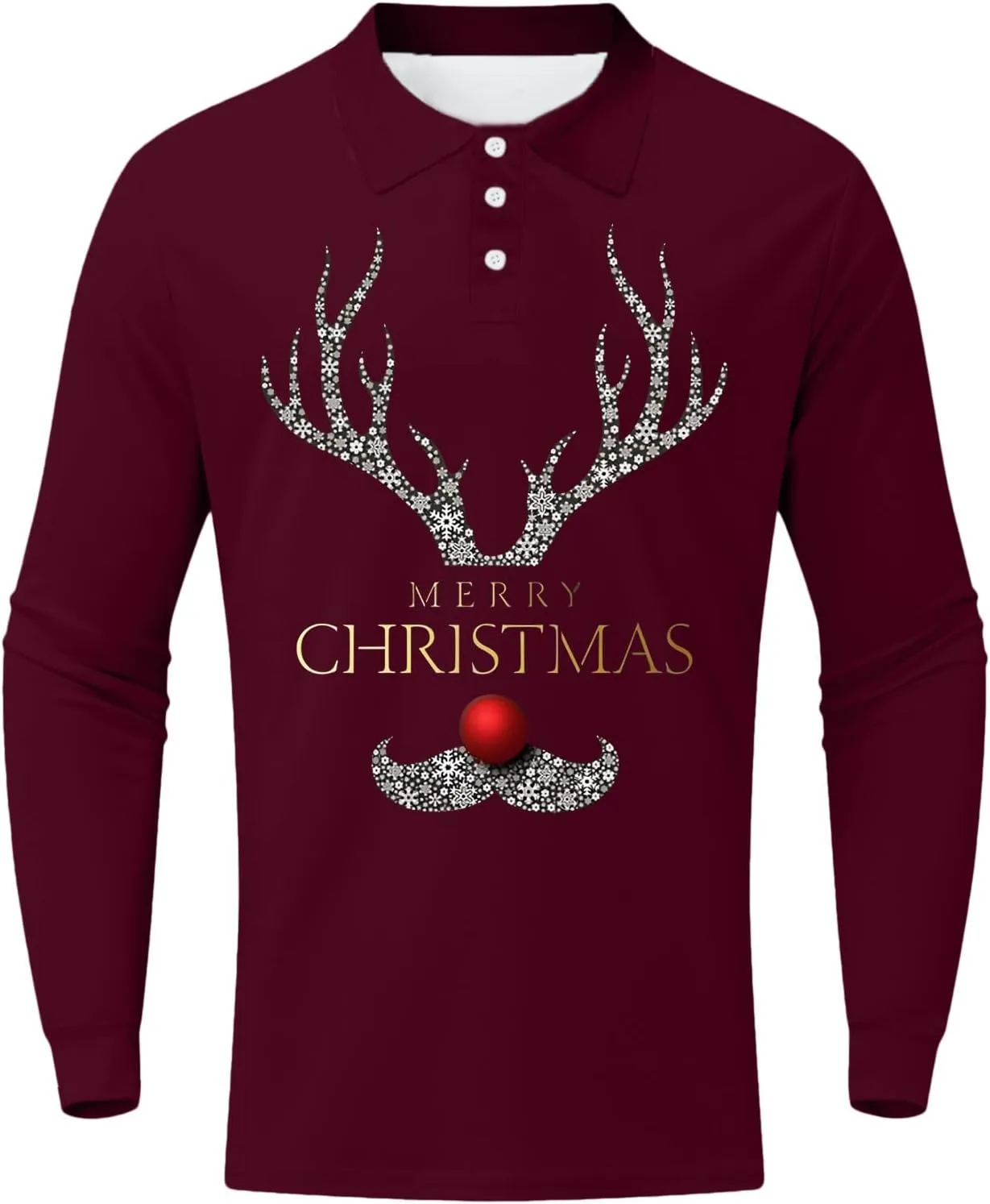 CRNTCEM Mens Long Sleeves Christmas Printed Polo Shirts Elk Snowflake Graphic Collared Golf Shirts 1/4 Button Winter Xmas Top