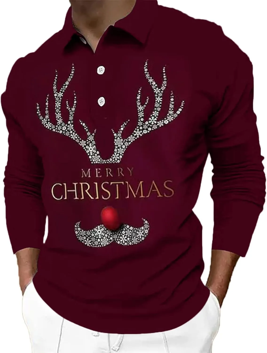 CRNTCEM Mens Long Sleeves Christmas Printed Polo Shirts Elk Snowflake Graphic Collared Golf Shirts 1/4 Button Winter Xmas Top