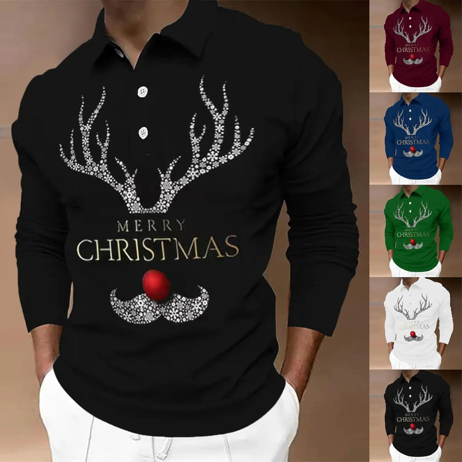 CRNTCEM Mens Long Sleeves Christmas Printed Polo Shirts Elk Snowflake Graphic Collared Golf Shirts 1/4 Button Winter Xmas Top