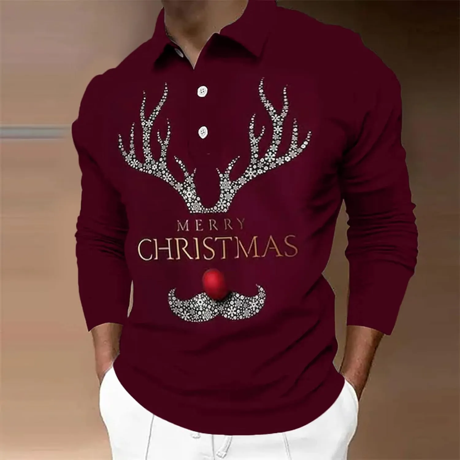 CRNTCEM Mens Long Sleeves Christmas Printed Polo Shirts Elk Snowflake Graphic Collared Golf Shirts 1/4 Button Winter Xmas Top