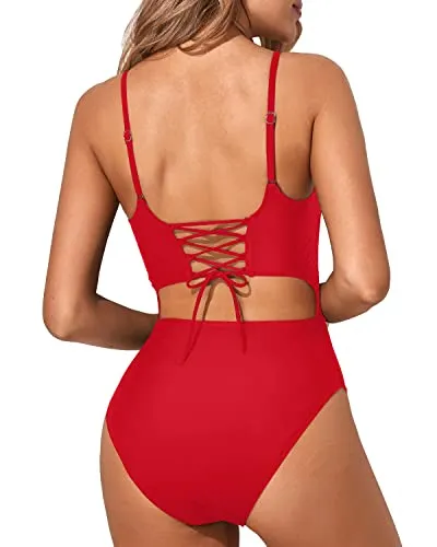 Crochet One Piece Swimsuit High Cut Cutout Bathing Suits-Red