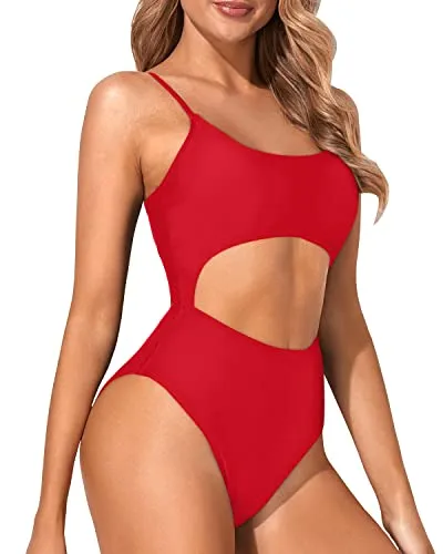 Crochet One Piece Swimsuit High Cut Cutout Bathing Suits-Red