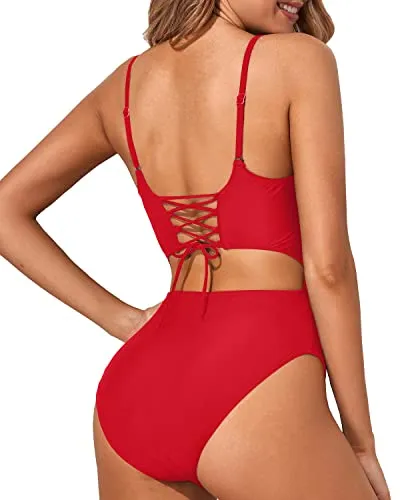 Crochet One Piece Swimsuit High Cut Cutout Bathing Suits-Red