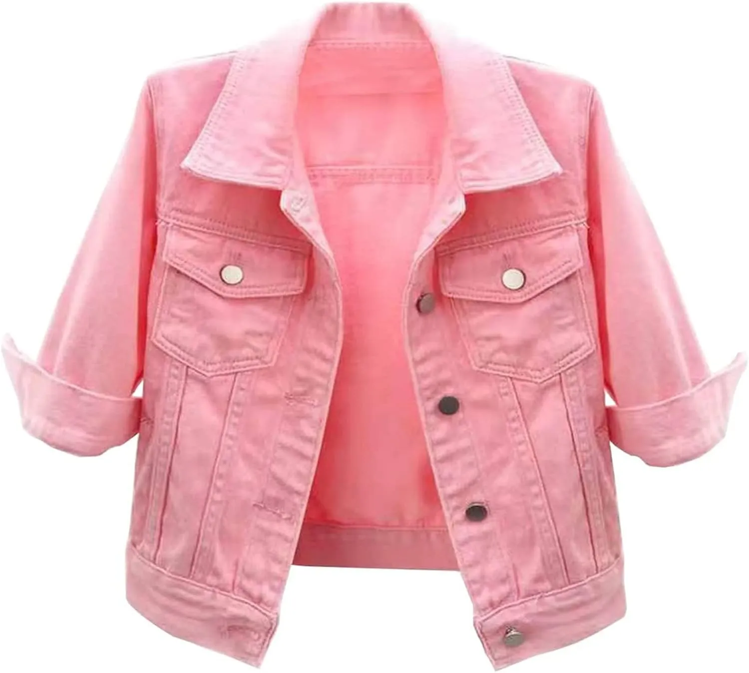 Cropped Jean Jacket for Women 3/4 Sleeve Short Denim Jacket Colored Casual Light Button Crop Trucker Jean Jackets Coat