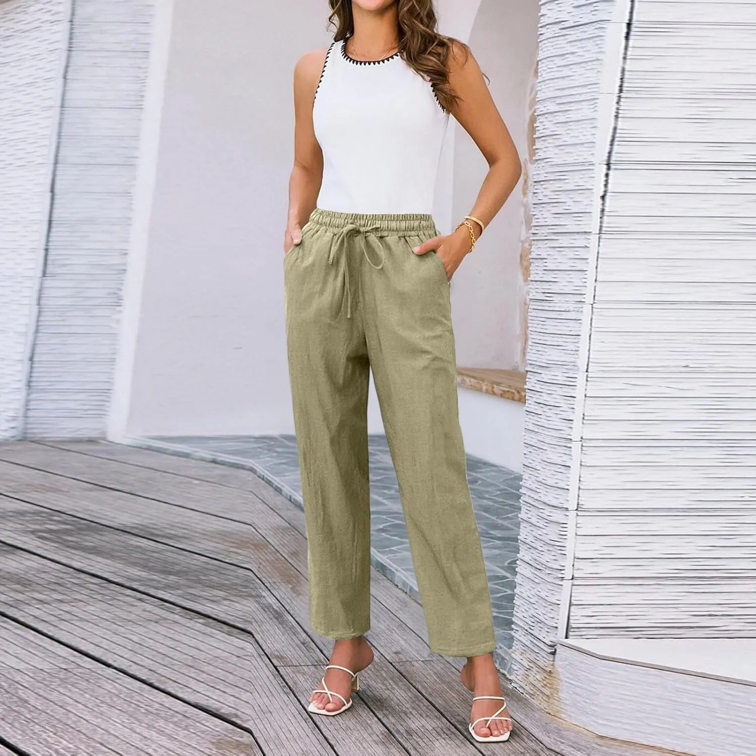 Cropped Linen Pants for Women Elastic Waist Straight Leg Cotton Linen Pants Sumemr Casual Beach Outfits with Pockets