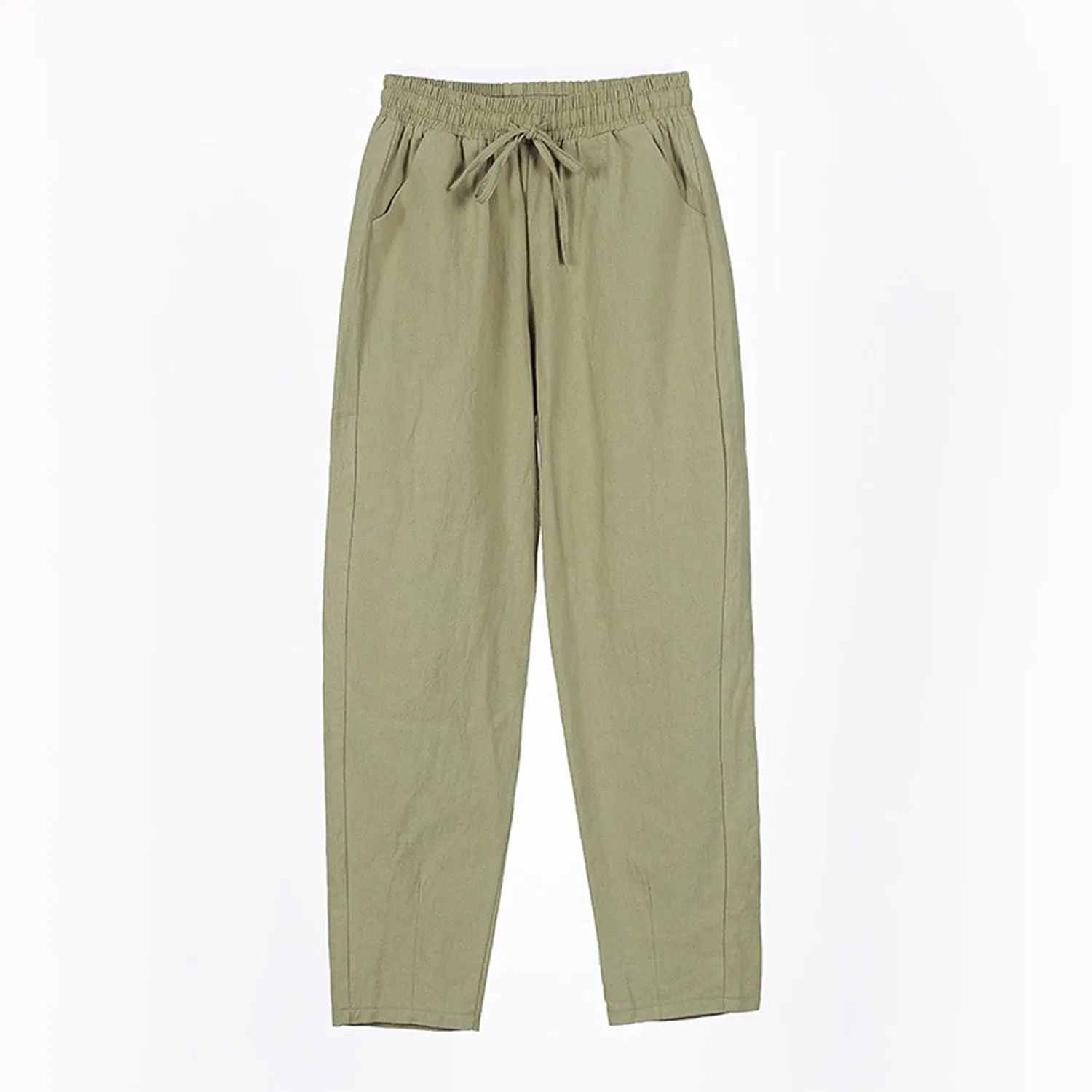 Cropped Linen Pants for Women Elastic Waist Straight Leg Cotton Linen Pants Sumemr Casual Beach Outfits with Pockets