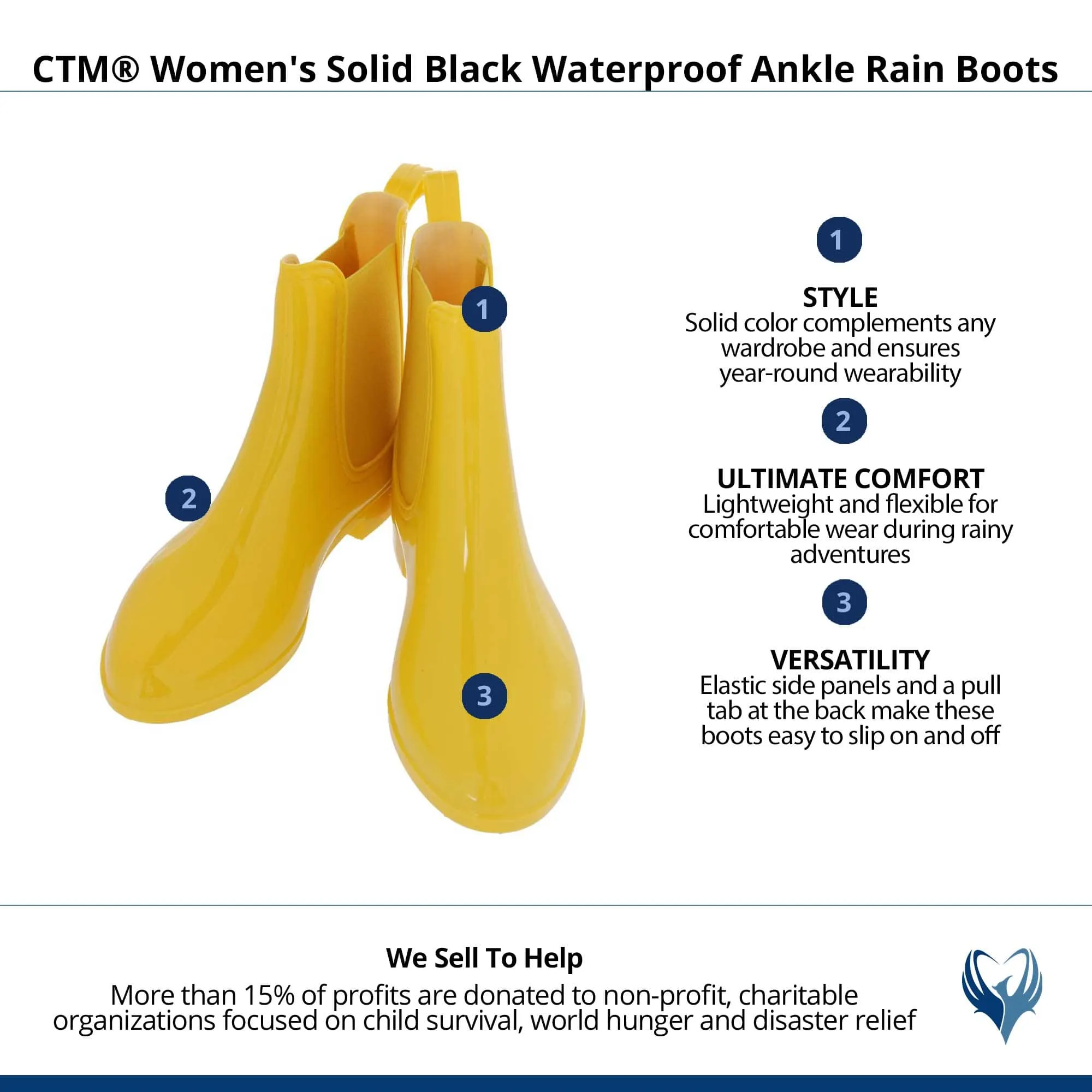 CTM® Women's Solid Black Waterproof Ankle Rain Boots