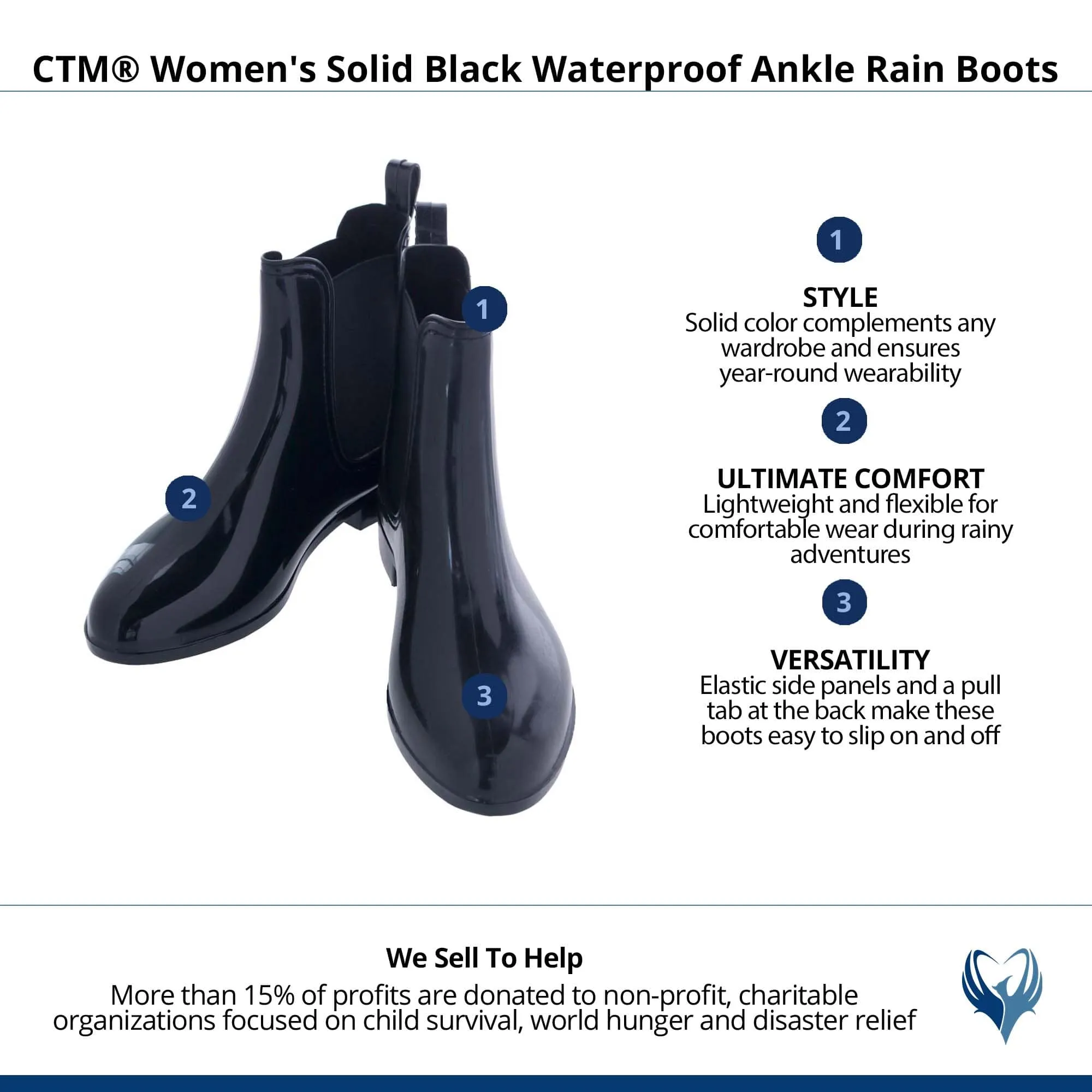 CTM® Women's Solid Black Waterproof Ankle Rain Boots