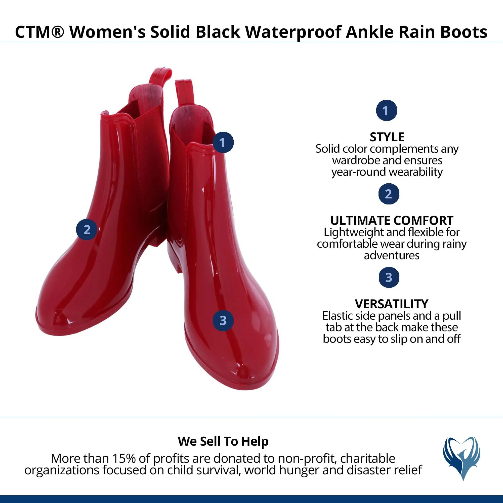 CTM® Women's Solid Black Waterproof Ankle Rain Boots