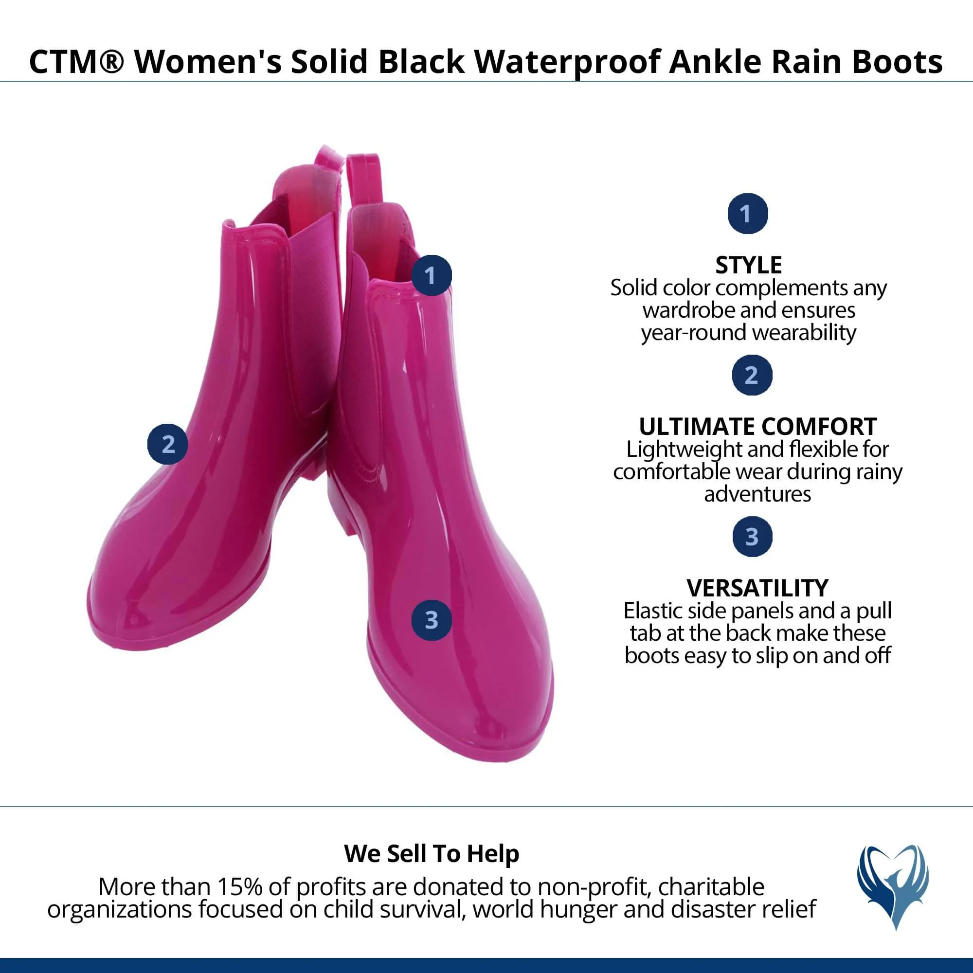 CTM® Women's Solid Black Waterproof Ankle Rain Boots