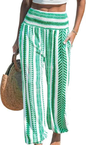 CUPSHE Women Pants Smocked Waist Pants Tapered Leg Pant Loose Fit Long Trousers Casual Beach