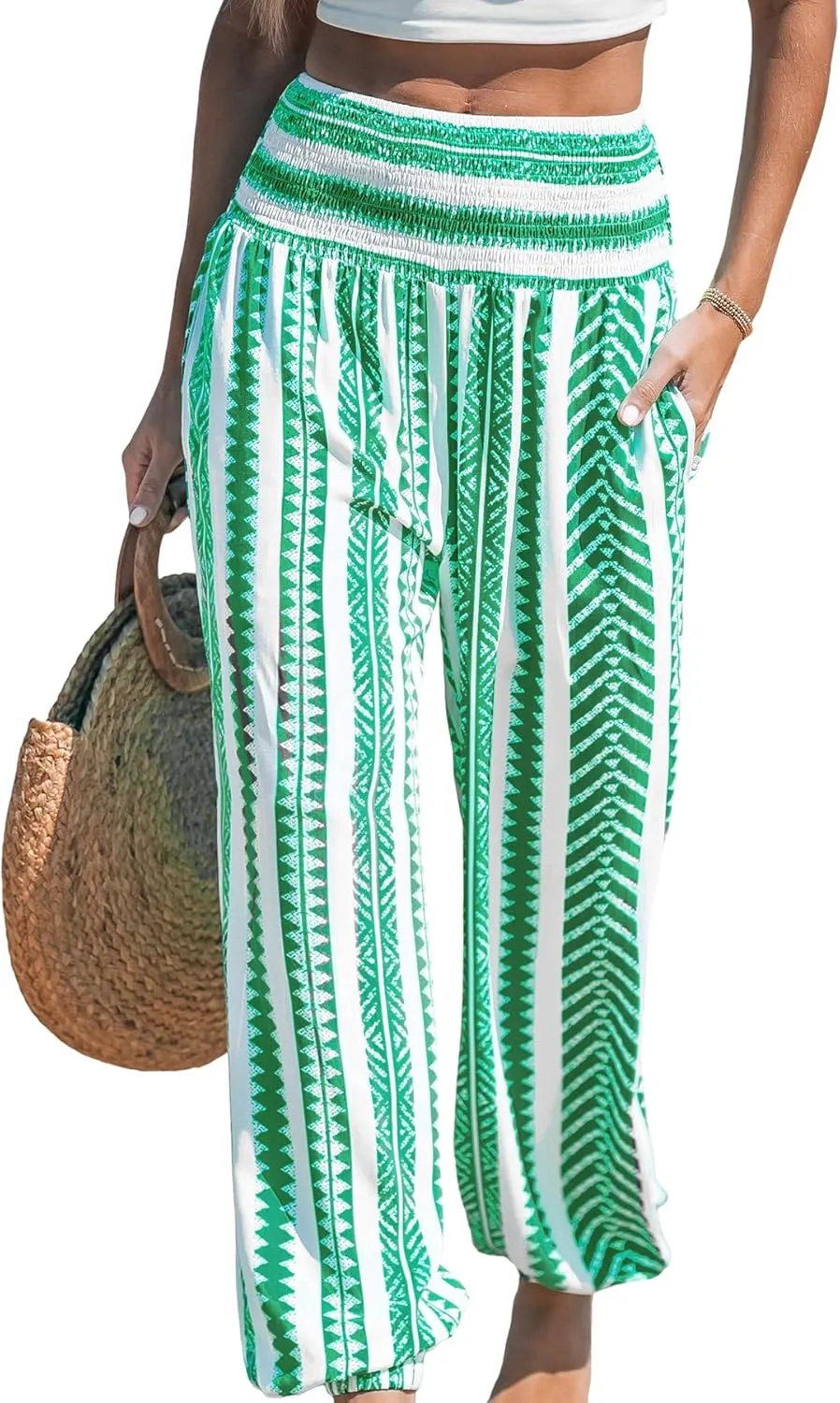 CUPSHE Women Pants Smocked Waist Pants Tapered Leg Pant Loose Fit Long Trousers Casual Beach
