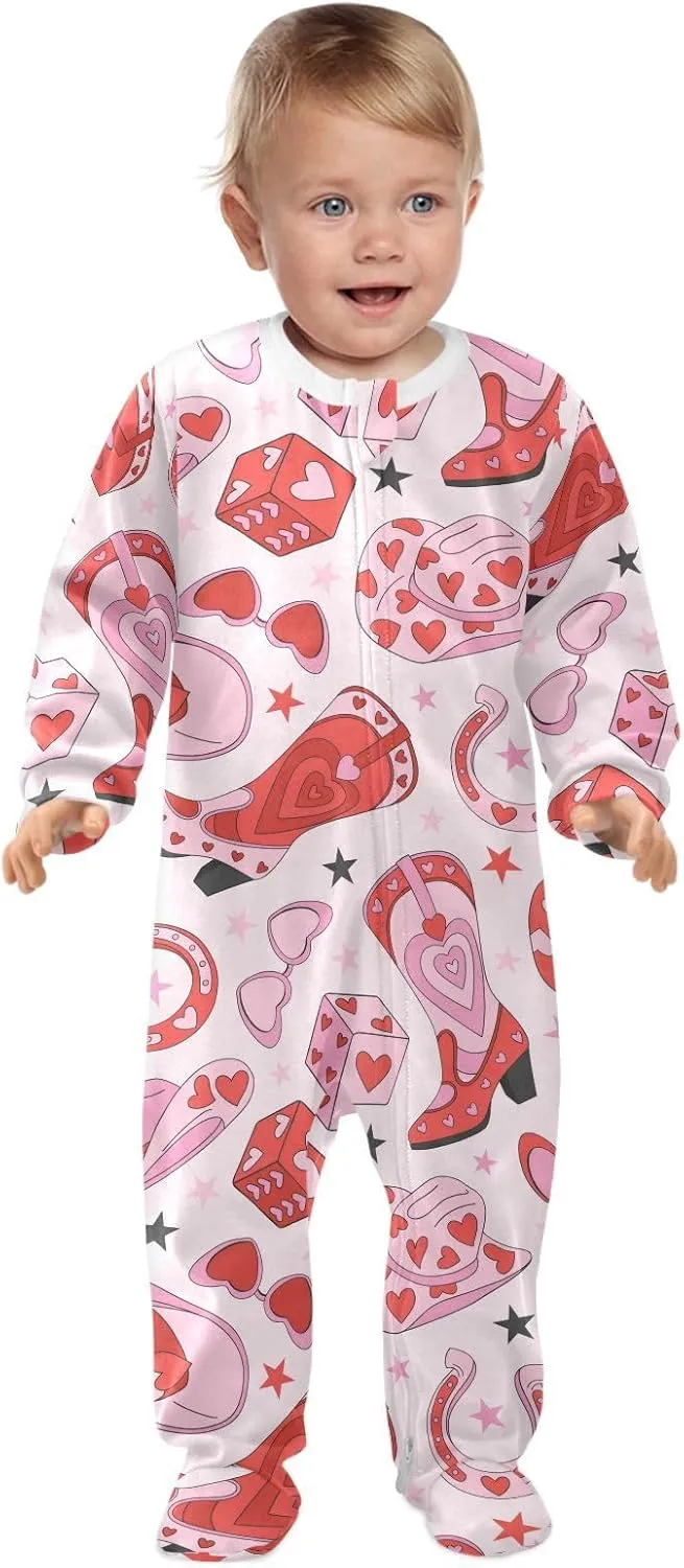 Cute Cowgirl Baby One-Piece Footies Long Sleeve Rompers Pajamas Zip Front Pjs for Boys Girls kids 3M
