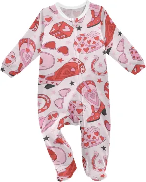 Cute Cowgirl Baby One-Piece Footies Long Sleeve Rompers Pajamas Zip Front Pjs for Boys Girls kids 3M
