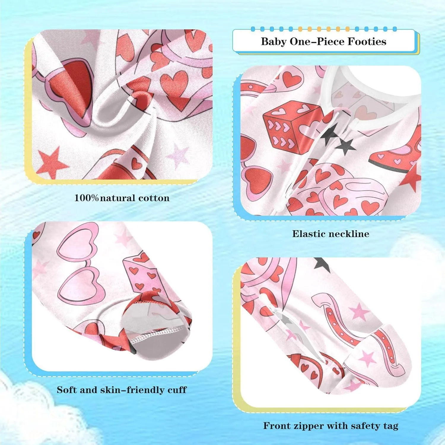 Cute Cowgirl Baby One-Piece Footies Long Sleeve Rompers Pajamas Zip Front Pjs for Boys Girls kids 3M