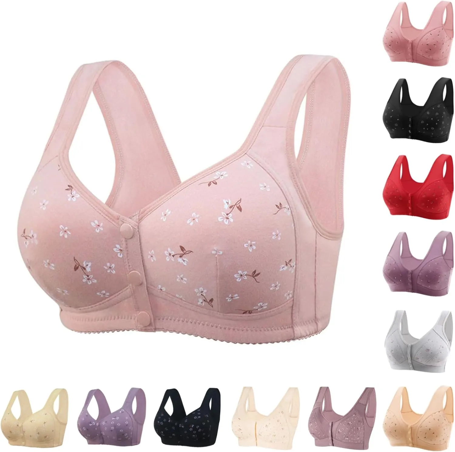 Daisy Bras for Older Women Front Closure Push up Bra No Underwire Senior Bra with Snaps 2025 Upgraded Breathable Cotton Bras