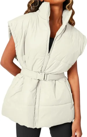 Danedvi Women's Oversized Puffer Vest Stand Collar Cap Sleeve Padded Gilet Outerwear with Belted