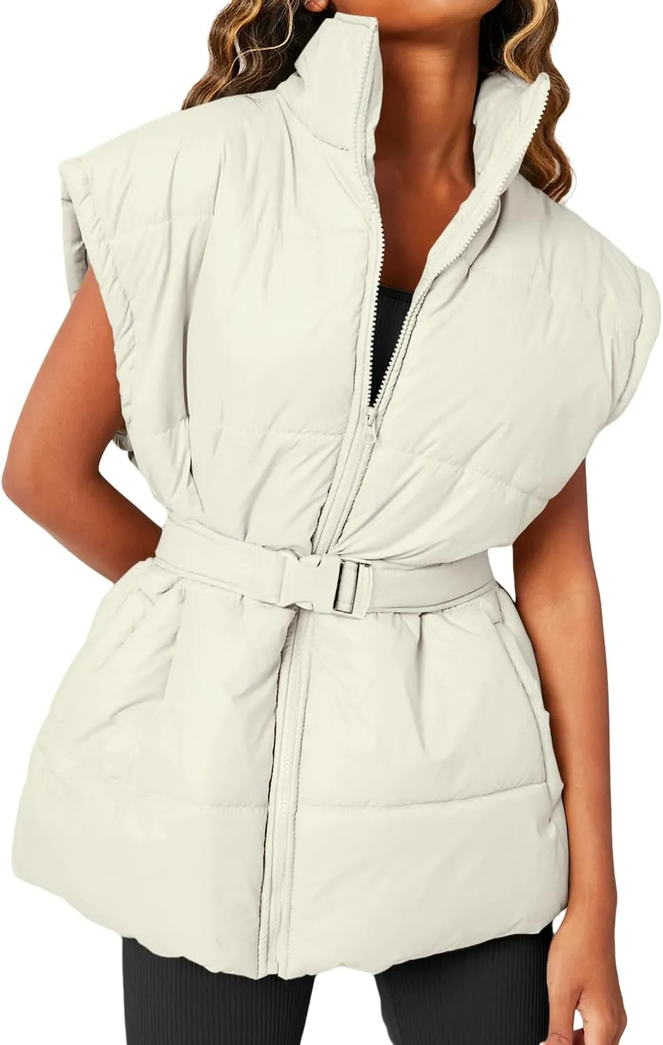 Danedvi Women's Oversized Puffer Vest Stand Collar Cap Sleeve Padded Gilet Outerwear with Belted