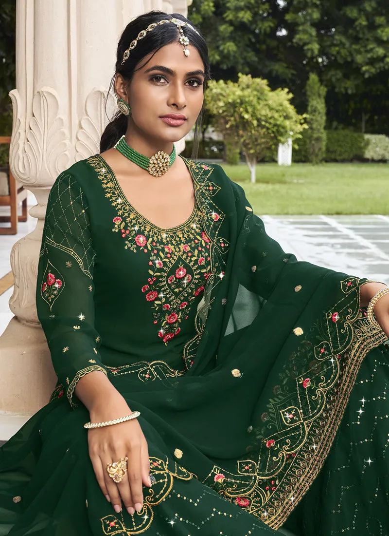 Dark Green Handwork Embroidery Sharara Palazzo Suit