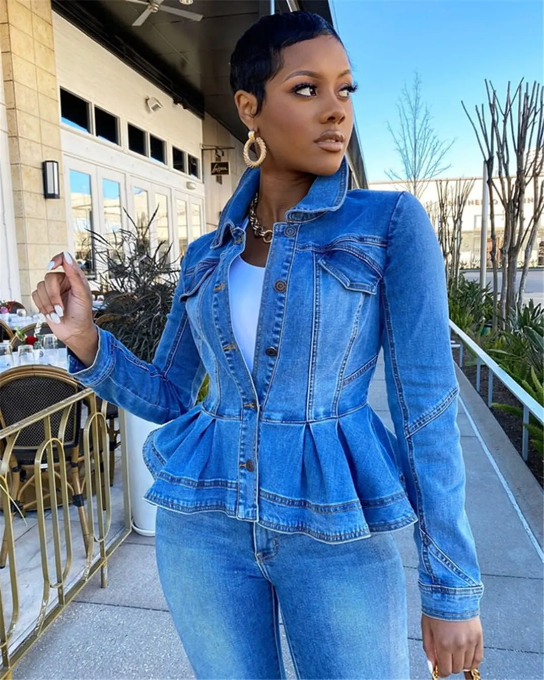 Dcvmvmn Women's Denim Jacket Ruffle Hem Slim Cropped Denim Jacket Autumn Vintage Lapel Coat
