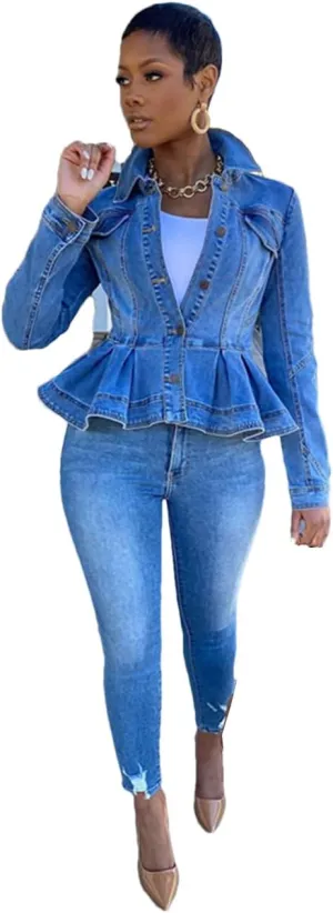 Dcvmvmn Women's Denim Jacket Ruffle Hem Slim Cropped Denim Jacket Autumn Vintage Lapel Coat