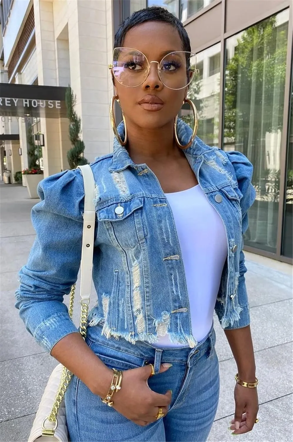 Dcvmvmn Women's Ripped Denim Jacket Casual Long Sleeve Puff Sleeve Button Short Autumn Denim Jacket