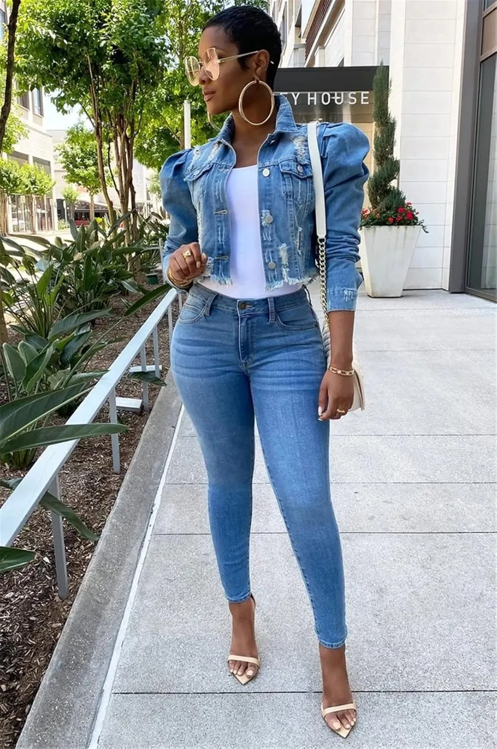 Dcvmvmn Women's Ripped Denim Jacket Casual Long Sleeve Puff Sleeve Button Short Autumn Denim Jacket