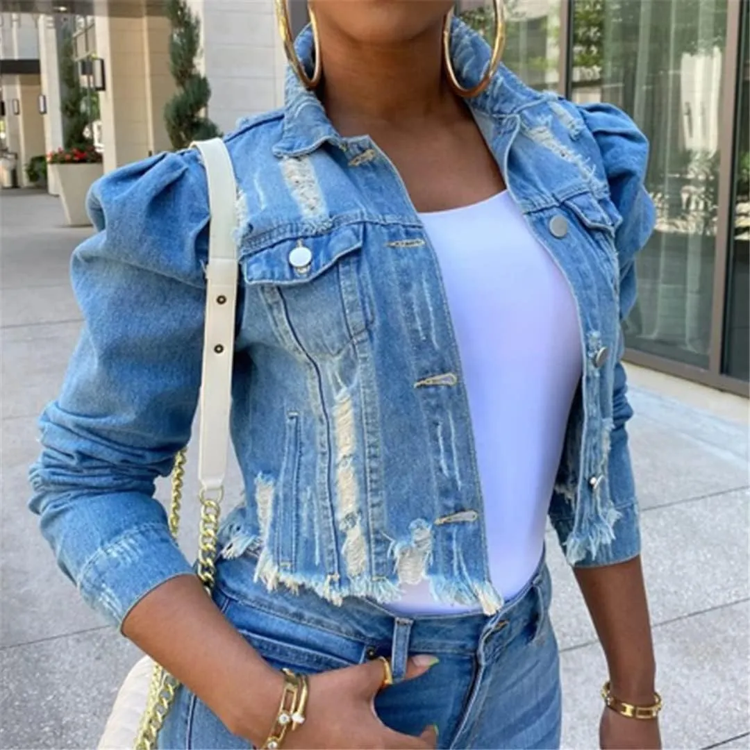 Dcvmvmn Women's Ripped Denim Jacket Casual Long Sleeve Puff Sleeve Button Short Autumn Denim Jacket