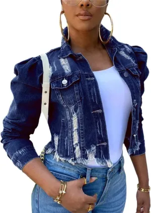 Dcvmvmn Women's Ripped Denim Jacket Casual Long Sleeve Puff Sleeve Button Short Autumn Denim Jacket