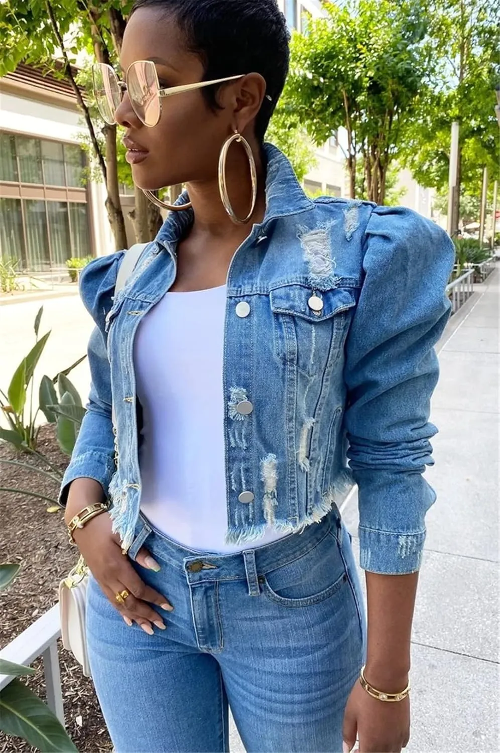 Dcvmvmn Women's Ripped Denim Jacket Casual Long Sleeve Puff Sleeve Button Short Autumn Denim Jacket
