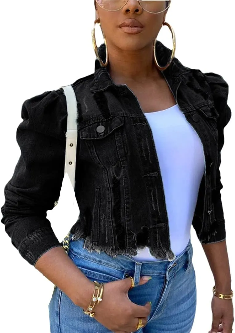 Dcvmvmn Women's Ripped Denim Jacket Casual Long Sleeve Puff Sleeve Button Short Autumn Denim Jacket