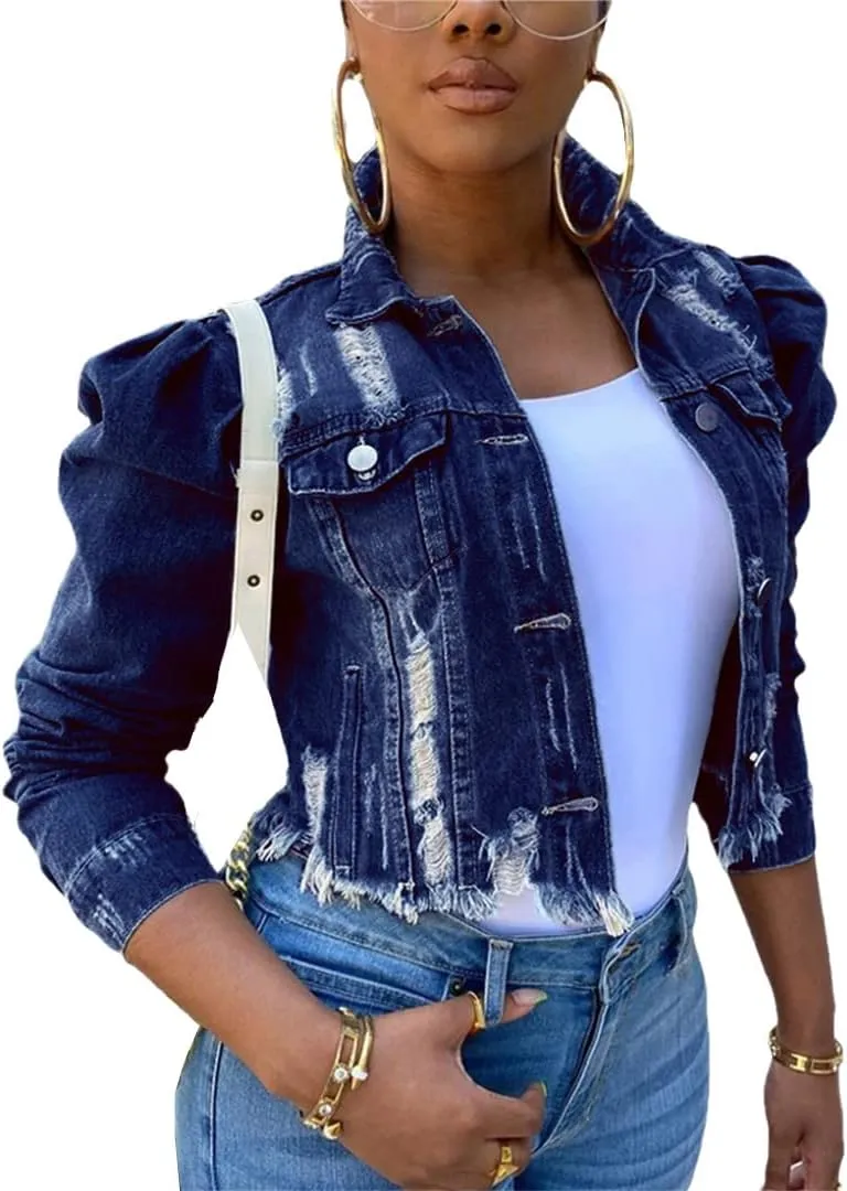 Dcvmvmn Women's Ripped Denim Jacket Casual Long Sleeve Puff Sleeve Button Short Autumn Denim Jacket