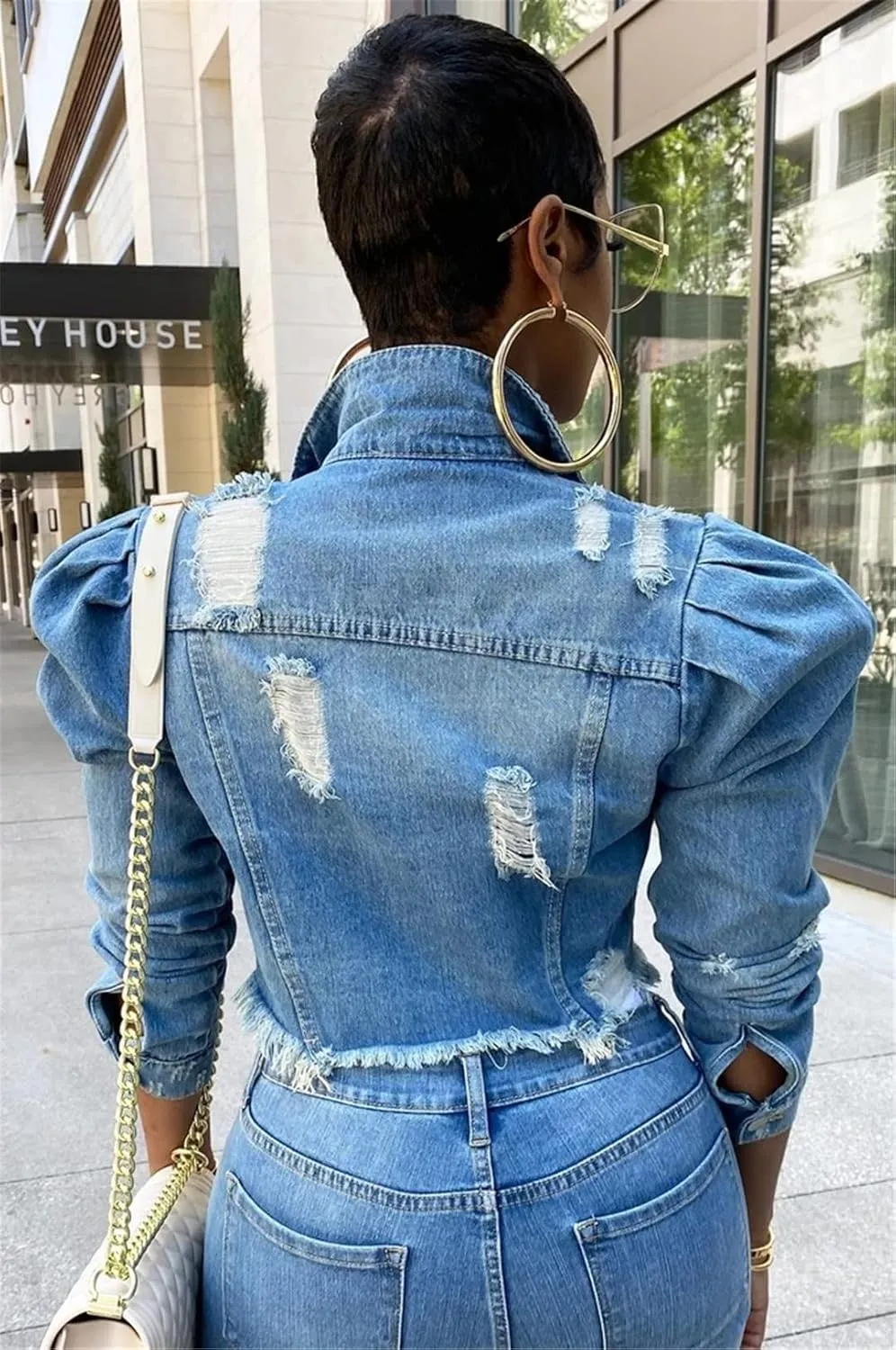 Dcvmvmn Women's Ripped Denim Jacket Casual Long Sleeve Puff Sleeve Button Short Autumn Denim Jacket
