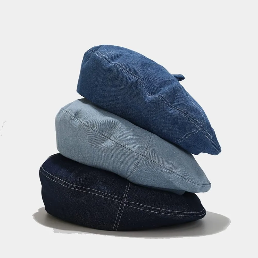 Denim Beret Hat for Women French Style Artist Hat Casual Beanie Cap