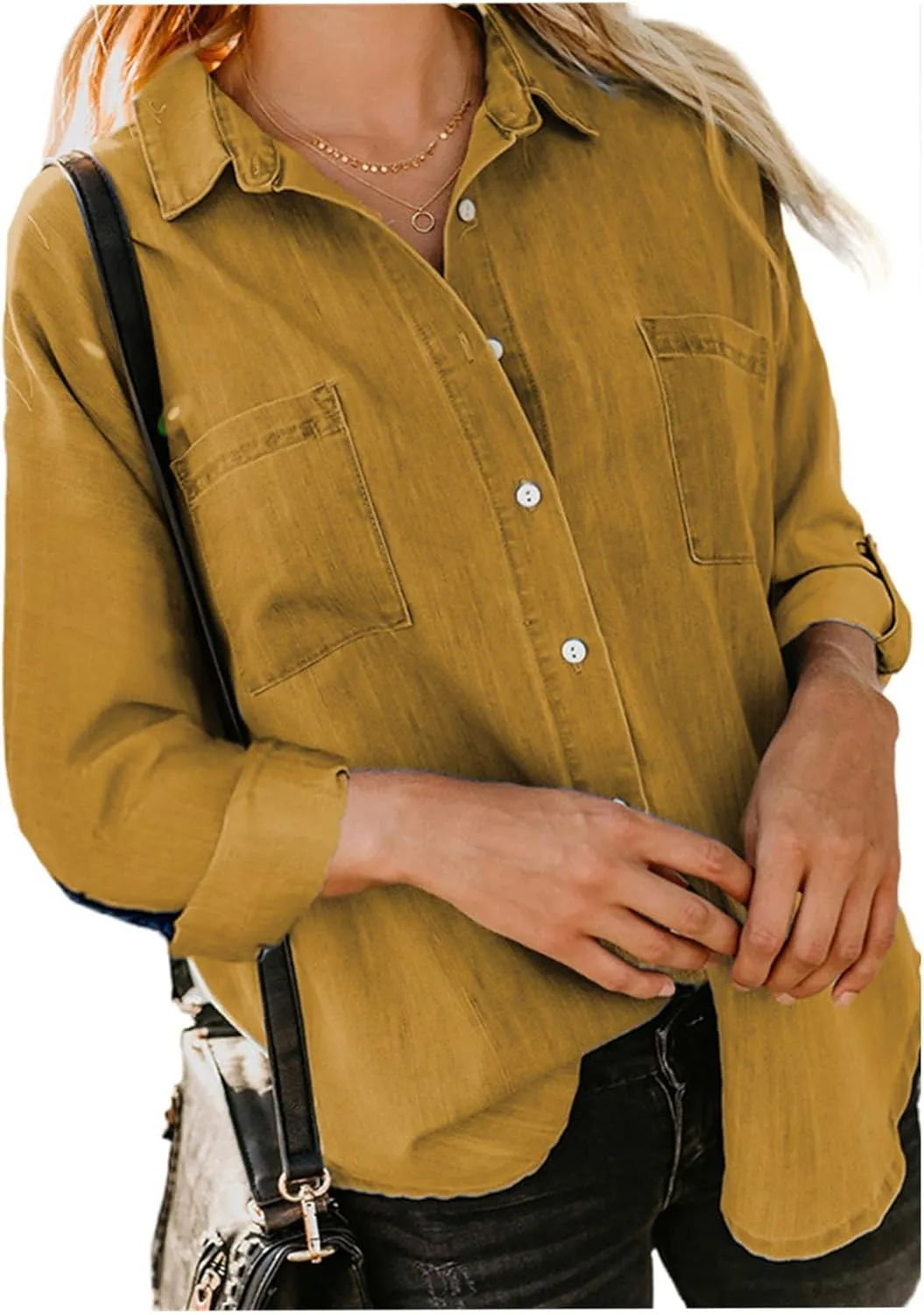 Denim Button Down Shirt Women Jean Shirts Jacket Dressy Casual Long Sleeve Blouses Tops Oversized Shacket with Pockets