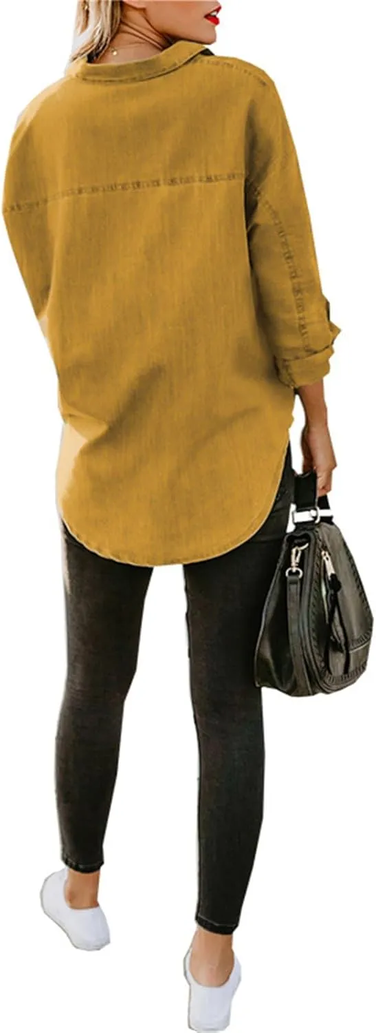 Denim Button Down Shirt Women Jean Shirts Jacket Dressy Casual Long Sleeve Blouses Tops Oversized Shacket with Pockets
