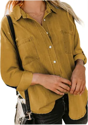 Denim Button Down Shirt Women Jean Shirts Jacket Dressy Casual Long Sleeve Blouses Tops Oversized Shacket with Pockets