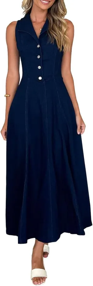 Denim Dress for Women High Waist Sleeveless Lapel Buttons Slim Fit A-Line Midi Jean Dress