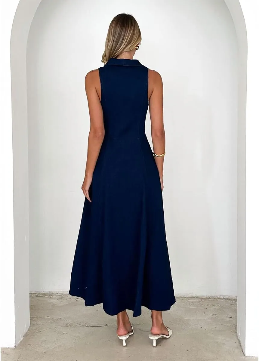 Denim Dress for Women High Waist Sleeveless Lapel Buttons Slim Fit A-Line Midi Jean Dress